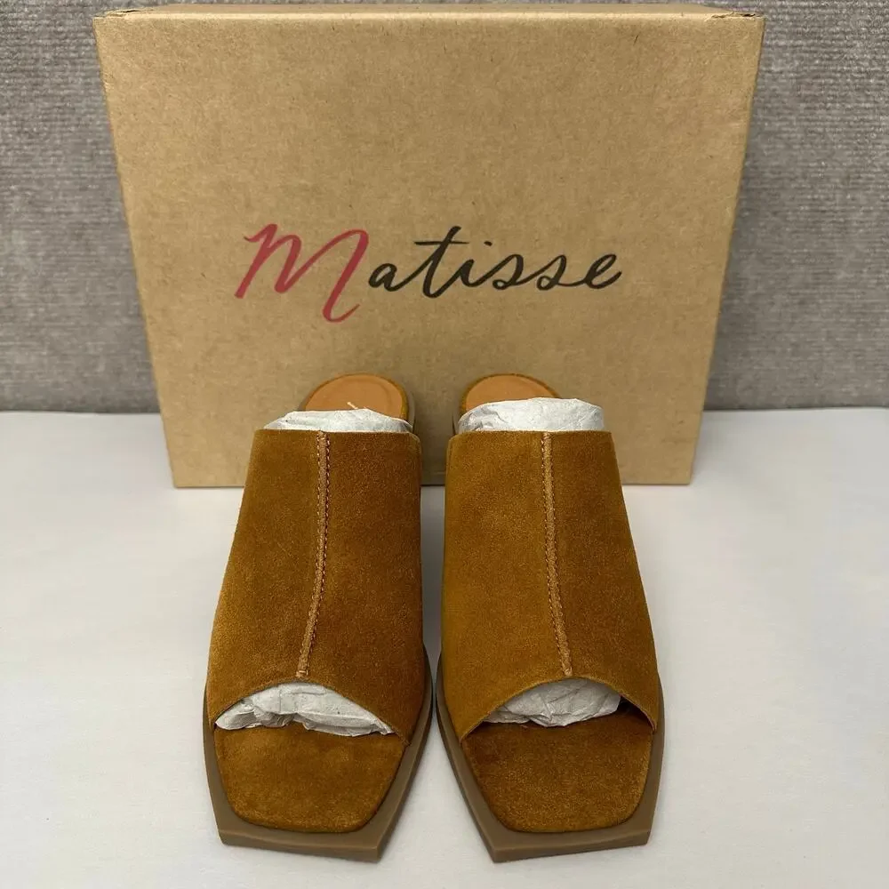 Matisse Lillie Tobacco Suede Sculpted Wedge Mules Boho Square Toe Brown Tan Sz 7